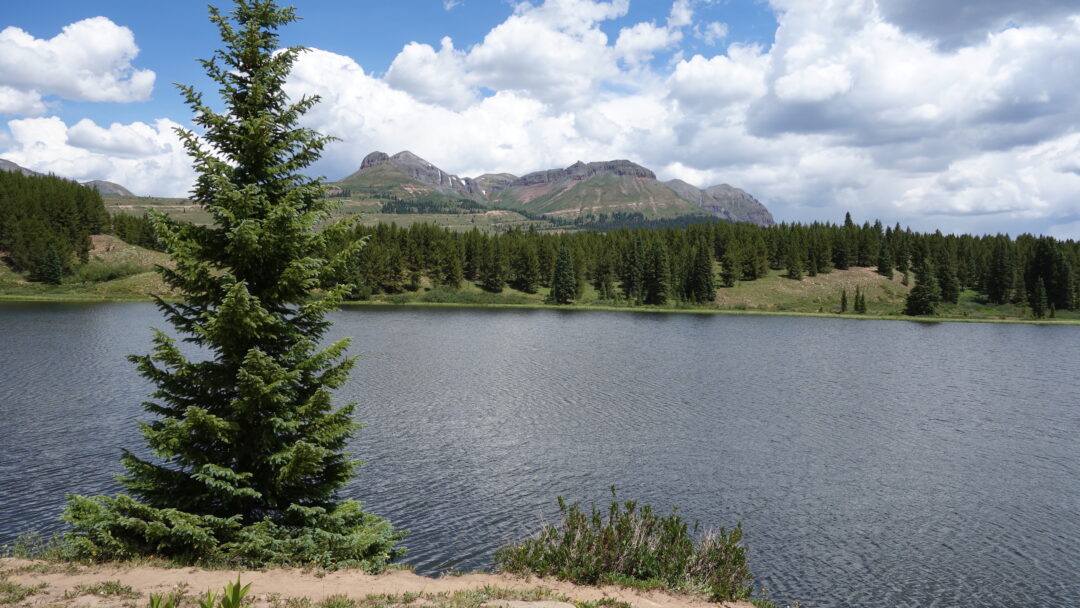 A lake stands in the foreground with towering trees and mountains on the opposite shore.