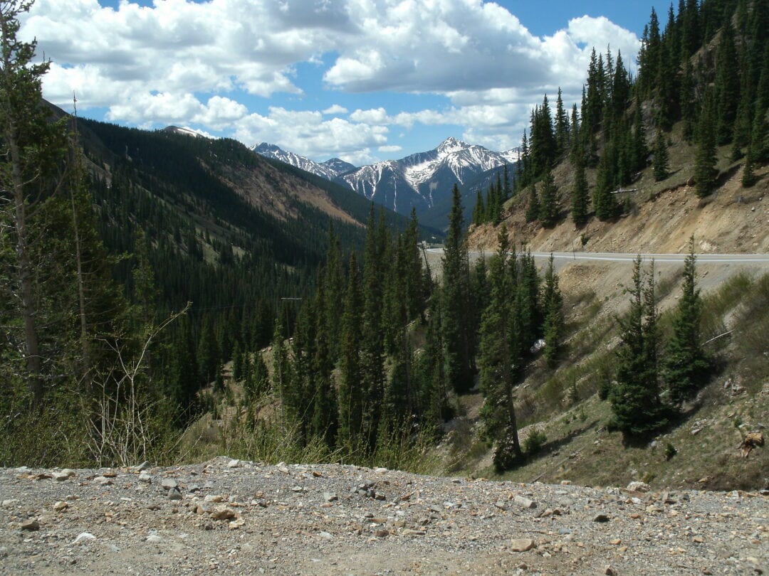 As viewed from a roadway, trees lead the path to snow-capped mountains.
