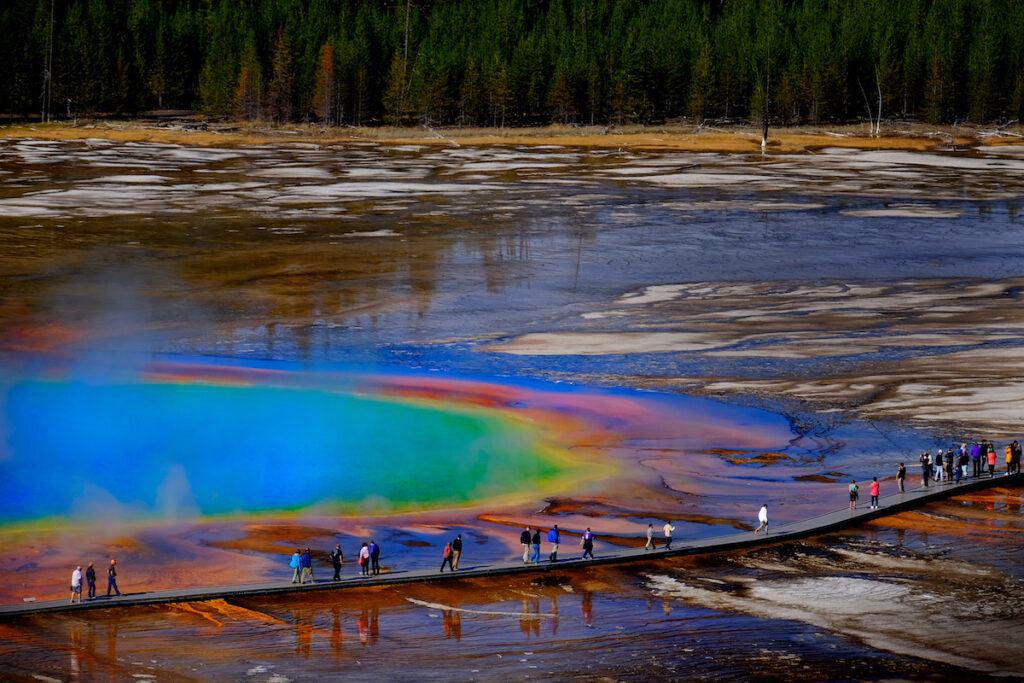 Grand Prismatic Spring in Yellowstone National Park with steam rising